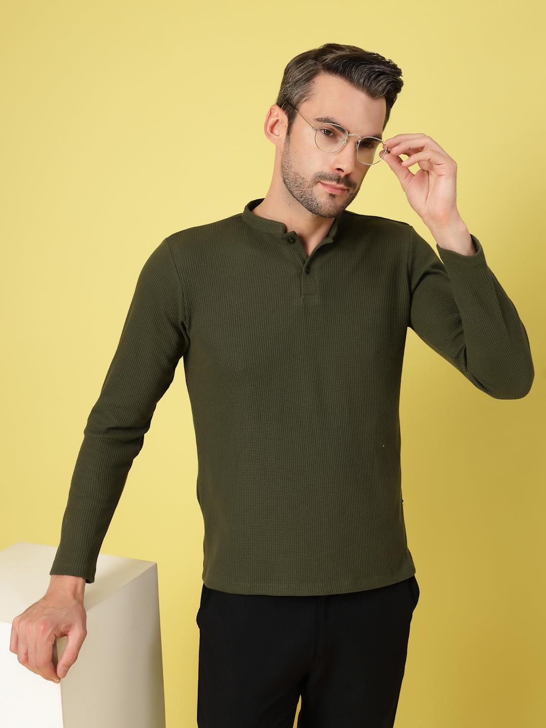 Rigo Printed Casual T-Shirts for Men | Waffle Knit Solid T-Shirt for Men | Full Sleeves T-Shirts for Men