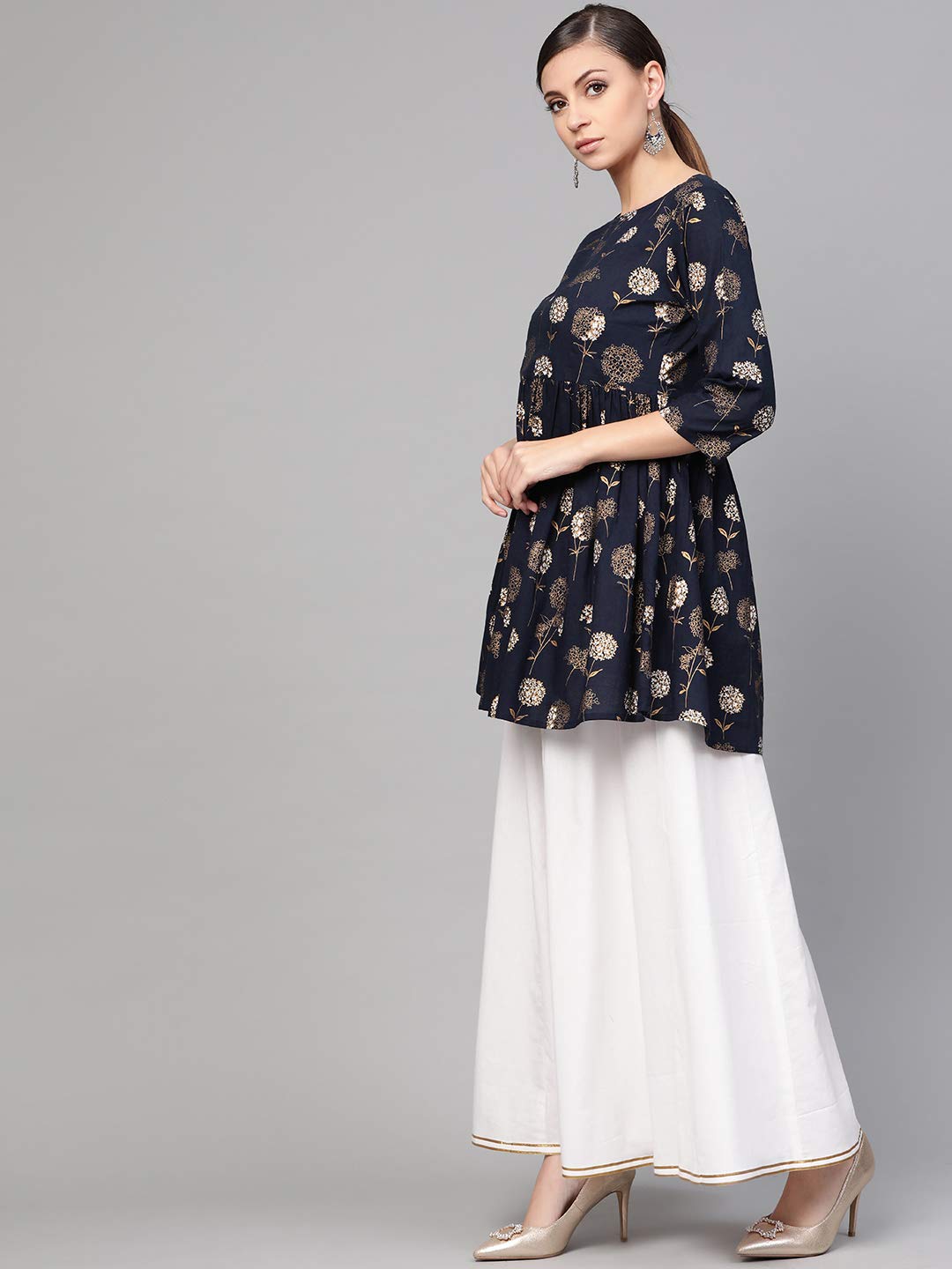 idaLia Women's Gold Print Peplum Cotton Kurta Set