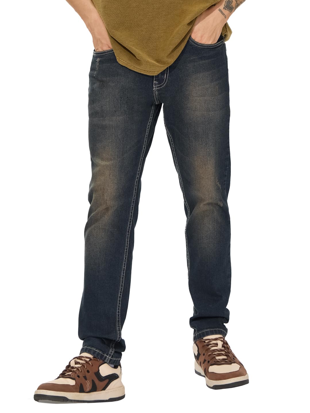 The Souled Store Denim: Slate Blue Men and Boys Buttoned Cotton Blend Slim Fit Jeans