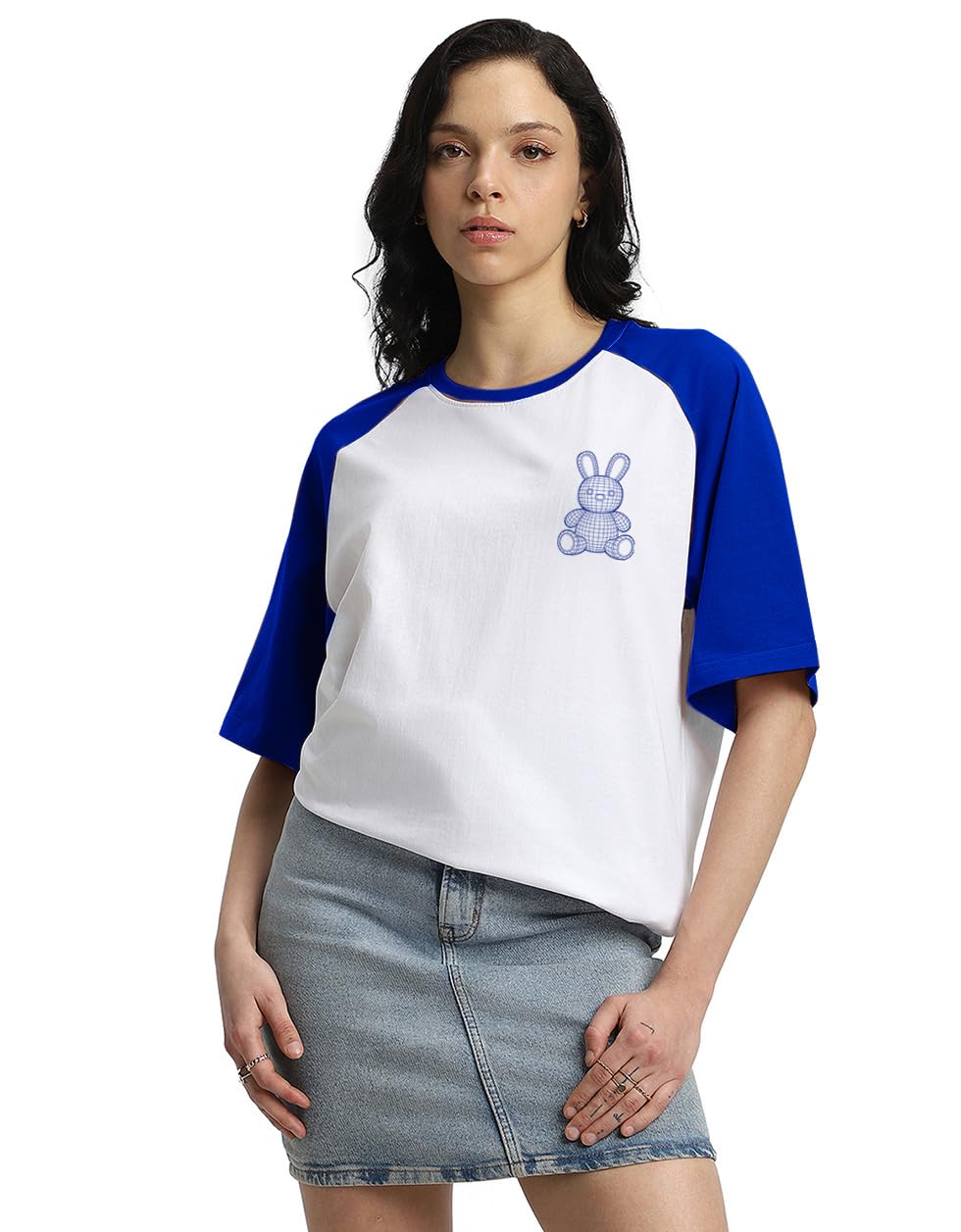 Juneberry 100% Pure Cotton Round Neck Oversized Fit Drop Shoulder Front Teddy Graphic Print White & Colorblocked Royal Blue Colo