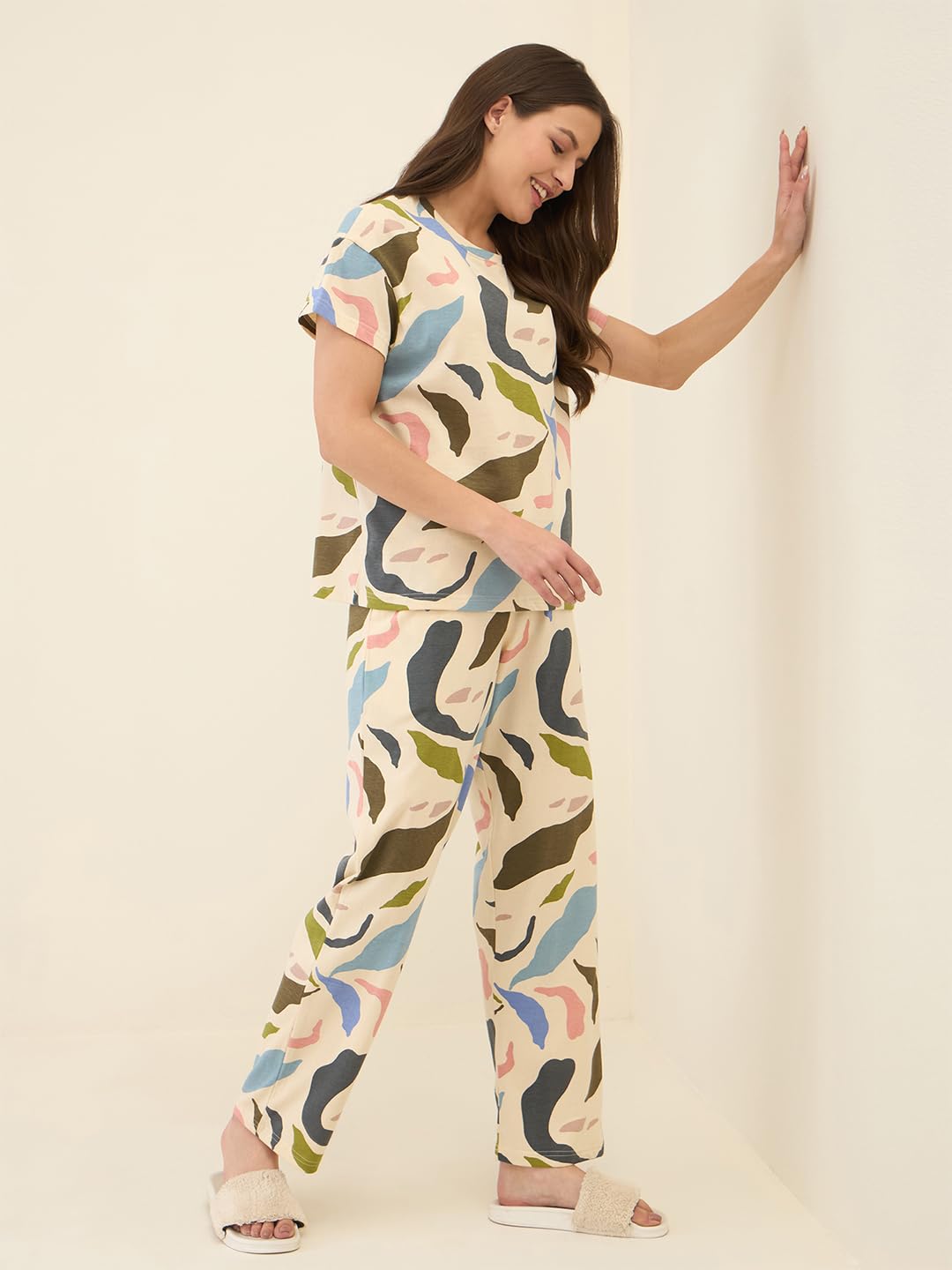 Sweet Dreams Women Printed Pyajama Set Beige