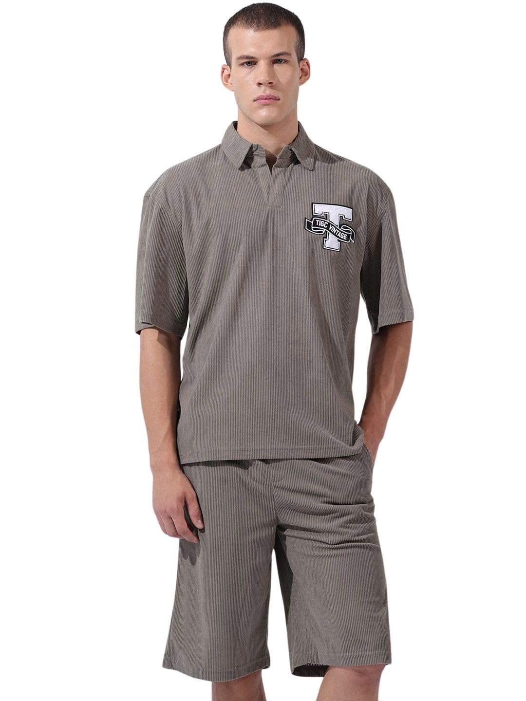 The Indian Garage Co Mens Relaxed Fit Badges Half Sleeves Johnny Collar & Set Co-ords Set