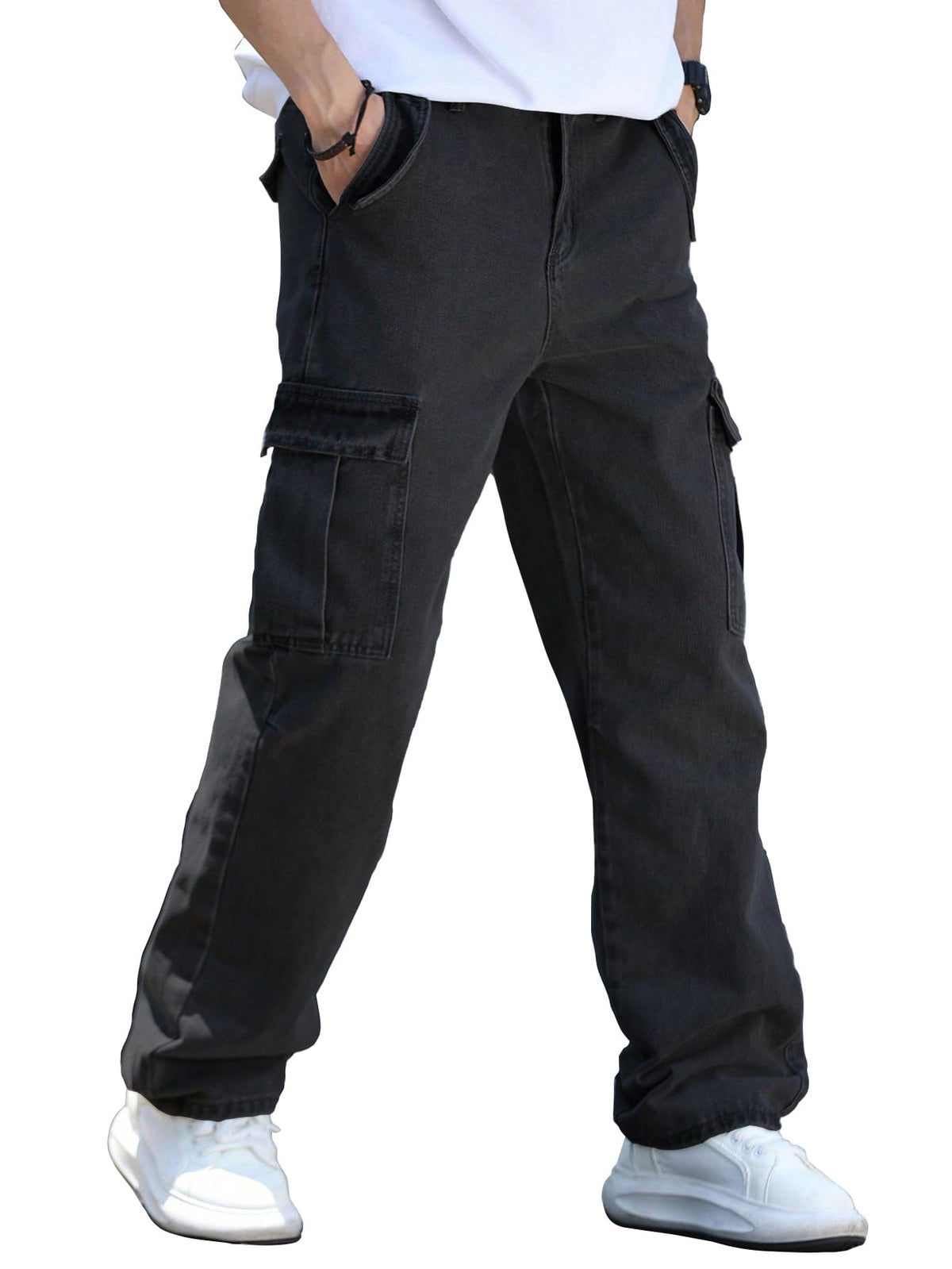 AVANOVA Mens Black Cargo Jeans Slim Fit | Stylish Stretch Denim Trousers with Multi Pockets | Casual Wear Pants for Men | Comfor