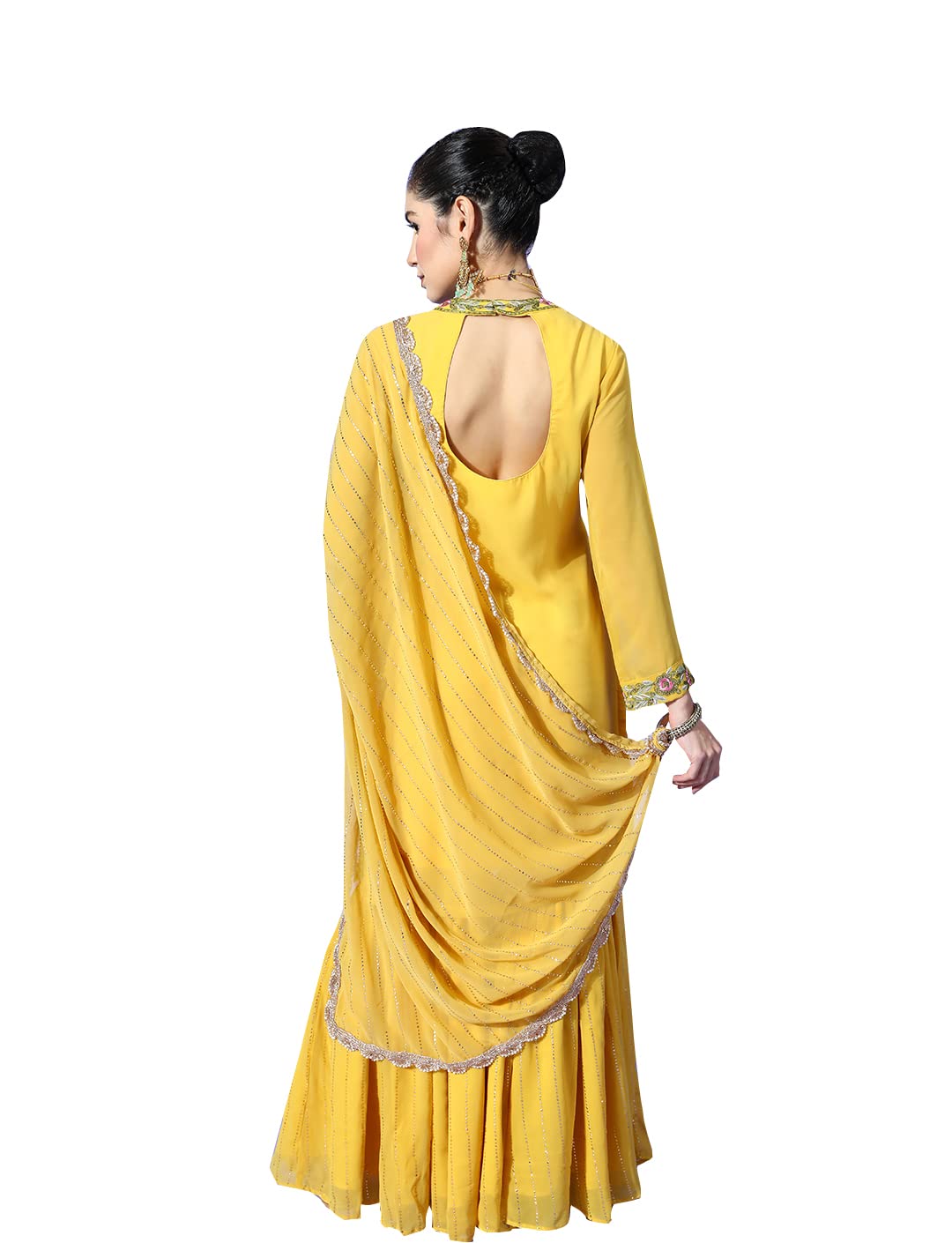 ishin Women's Georgette Mustard Embroidered A-Line Style Back Kurta Set with Sharara and Dupatta