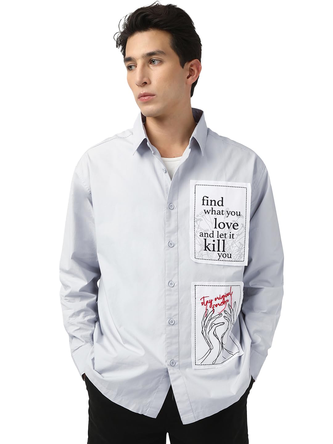 Bewakoof Mens Graphic Print Oversized Fit Full Sleeve Collared Poplin Shirt_666756_Grey_XL