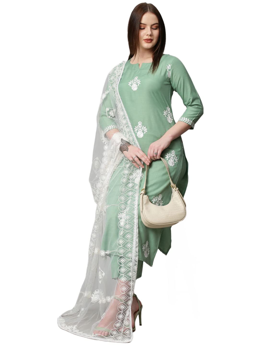 GoSriKi Women's Cotton Blend Kurta with Palazzo & Dupatta (Coin-GO_Pista_XX-Large)