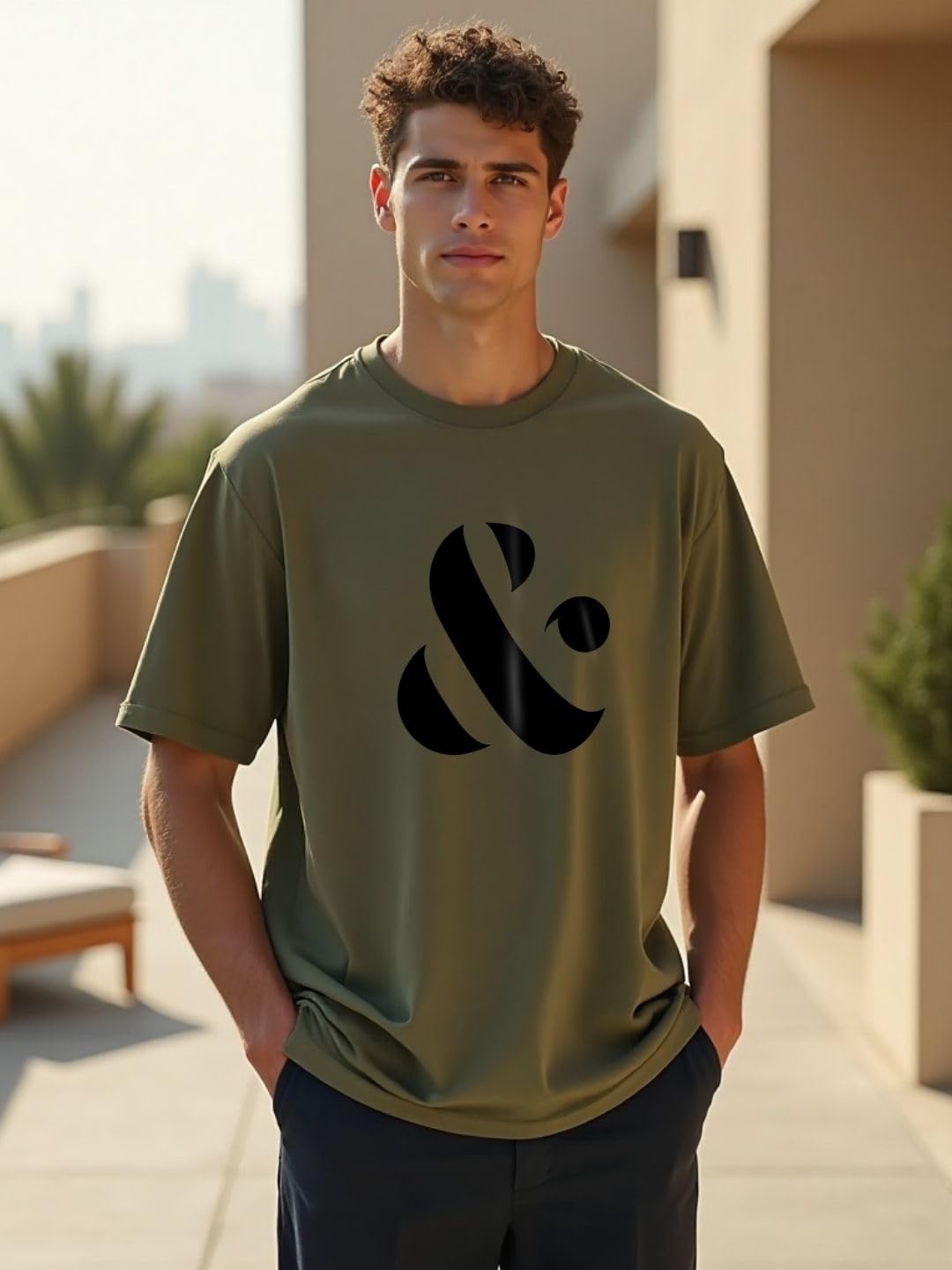 Nobero MenS Graphic Oversized Fit T-Shirt (1M-Twrt-C0869-X_White/Olive