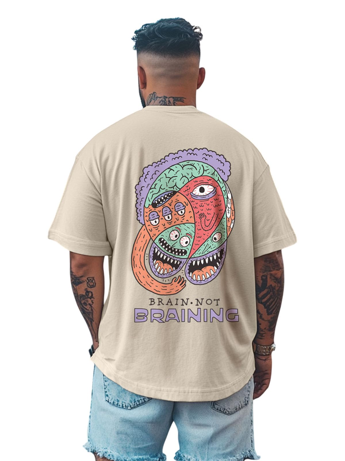 Veirdo Mens 100% Cotton Oversized Baggy Fit Drop Shoulder Back Graphic Printed T-Shirt