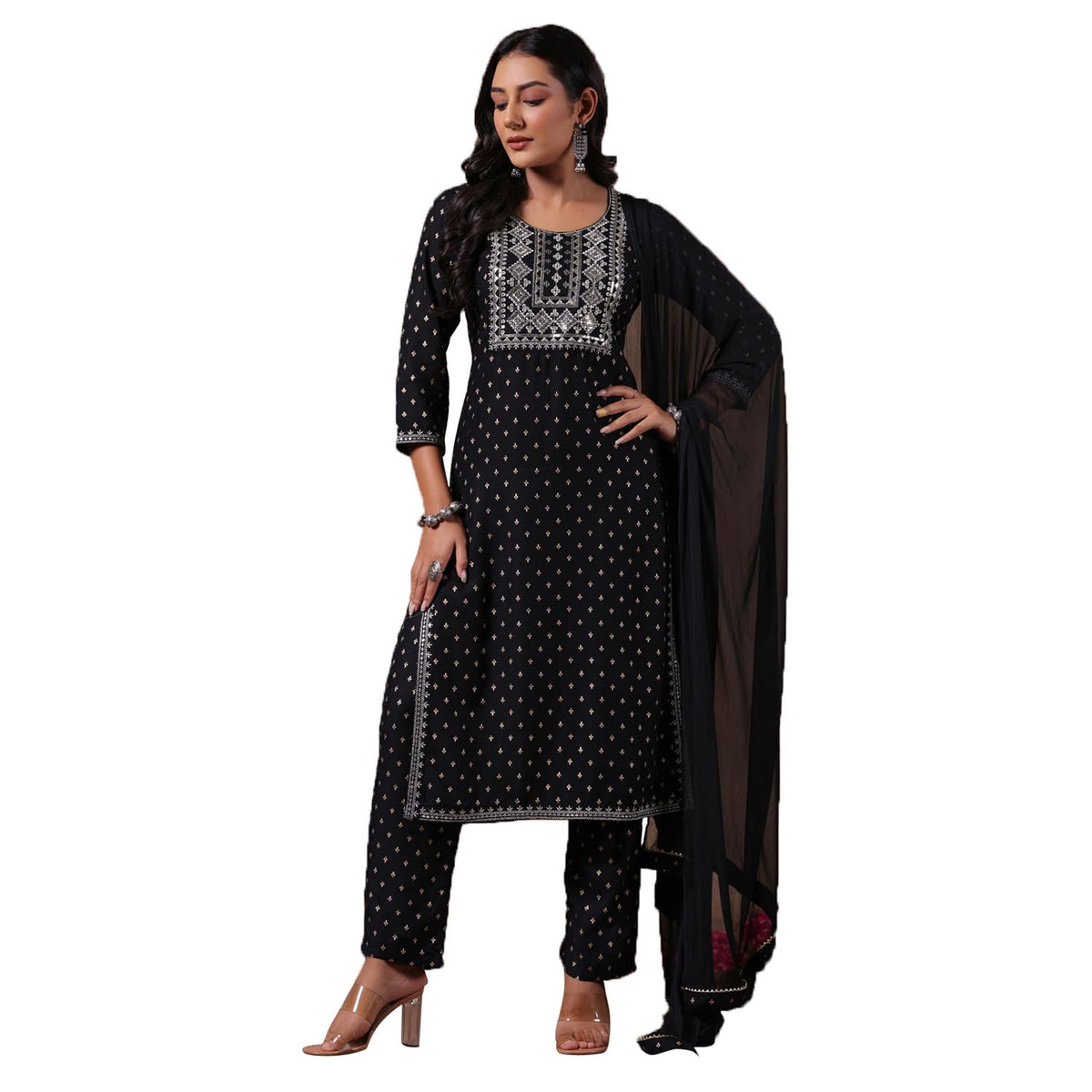 anubhutee Womens Black Ethnic Motifs Zari Work Straight Kurta with Trousers & Dupatta