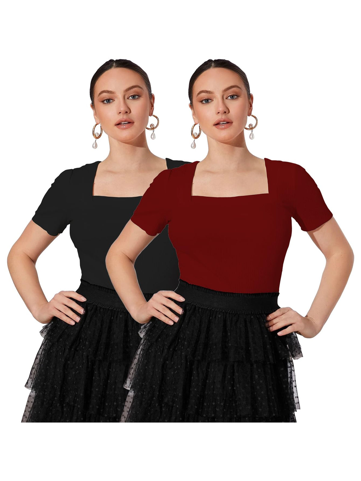 Shasmi Womens & Girls Black and Maroon Solid Knitted Square Neck Regular Fit T-Shirts Short Puff Sleeve Tops (52 Pack 2 Black