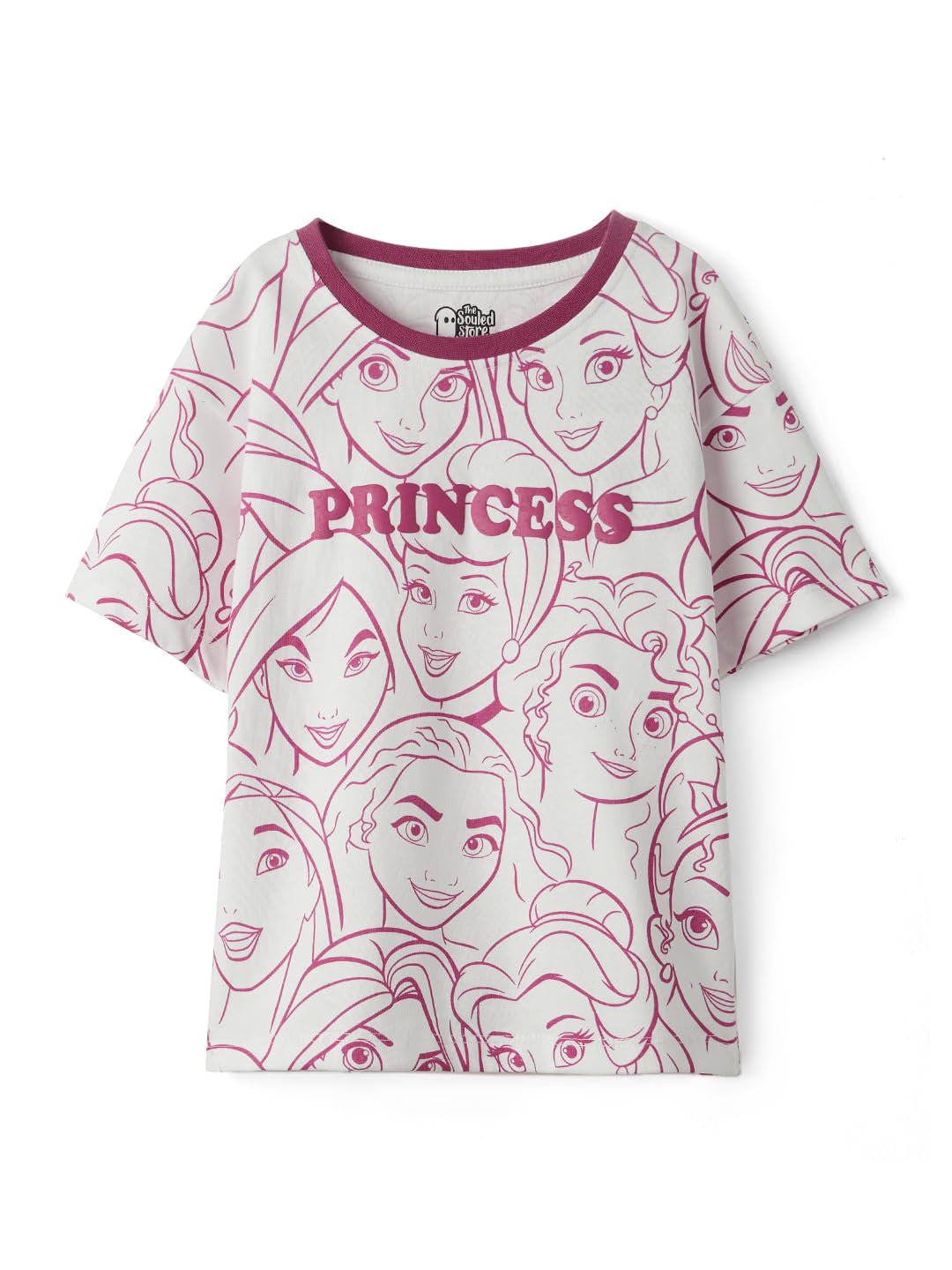 The Souled Store Official Disney: Puff Princess Girls Short Sleeve Round Neck Grey and Pink Graphic Printed Cotton Oversized T-S