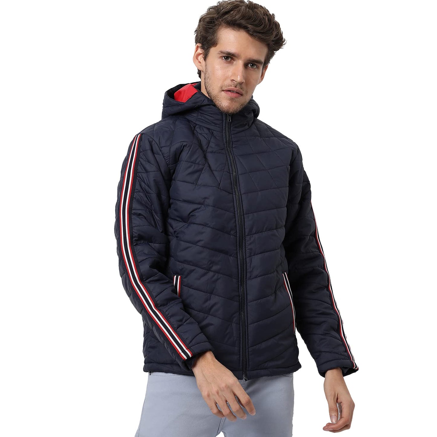 Campus Sutra Mens Indigo Blue Solid Quilted Puffer Regular Fit Bomber Jacket For Winter Wear | Hooded Collar | Full Sleeve | Zi