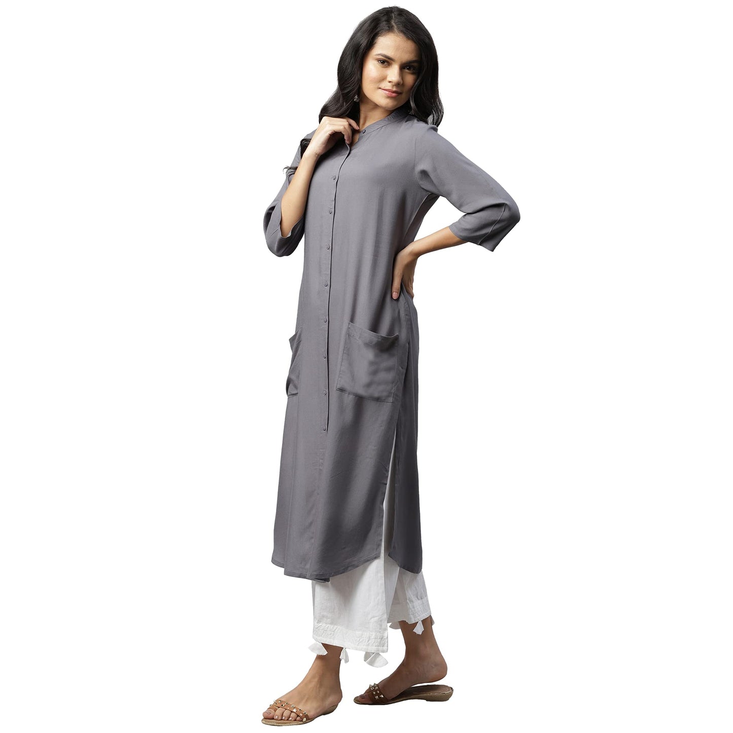 RIGO Women Grey Front Open Band Collar Straight Kurta