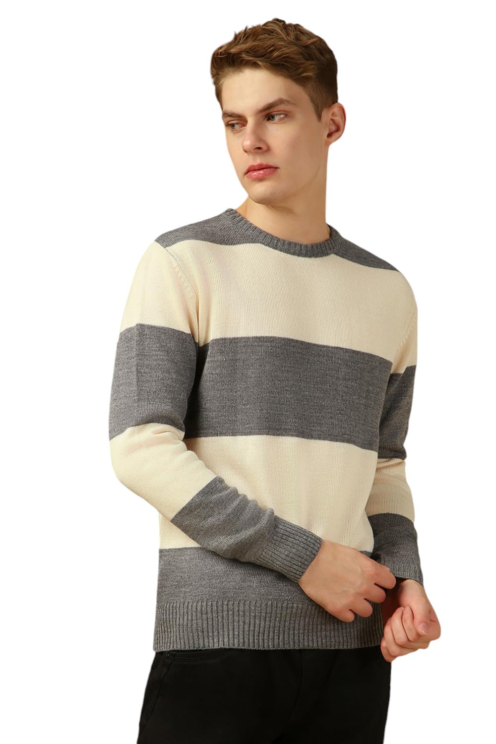 Dennis Lingo Men Grey Striped Slim Fit Full Sleeve Crew Pullover Sweater