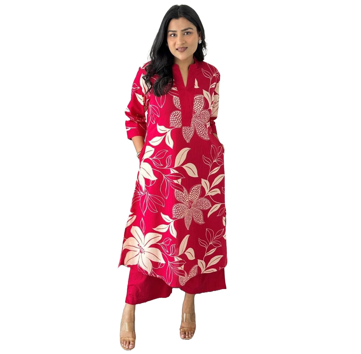 Lookmark WomenS Floral Printed Cotton Blend 3/4Th Sleeve Knee Length V-Neck Kurta And Palazzo Set For Women (Az-Lm-Og-Ks2204 Pi