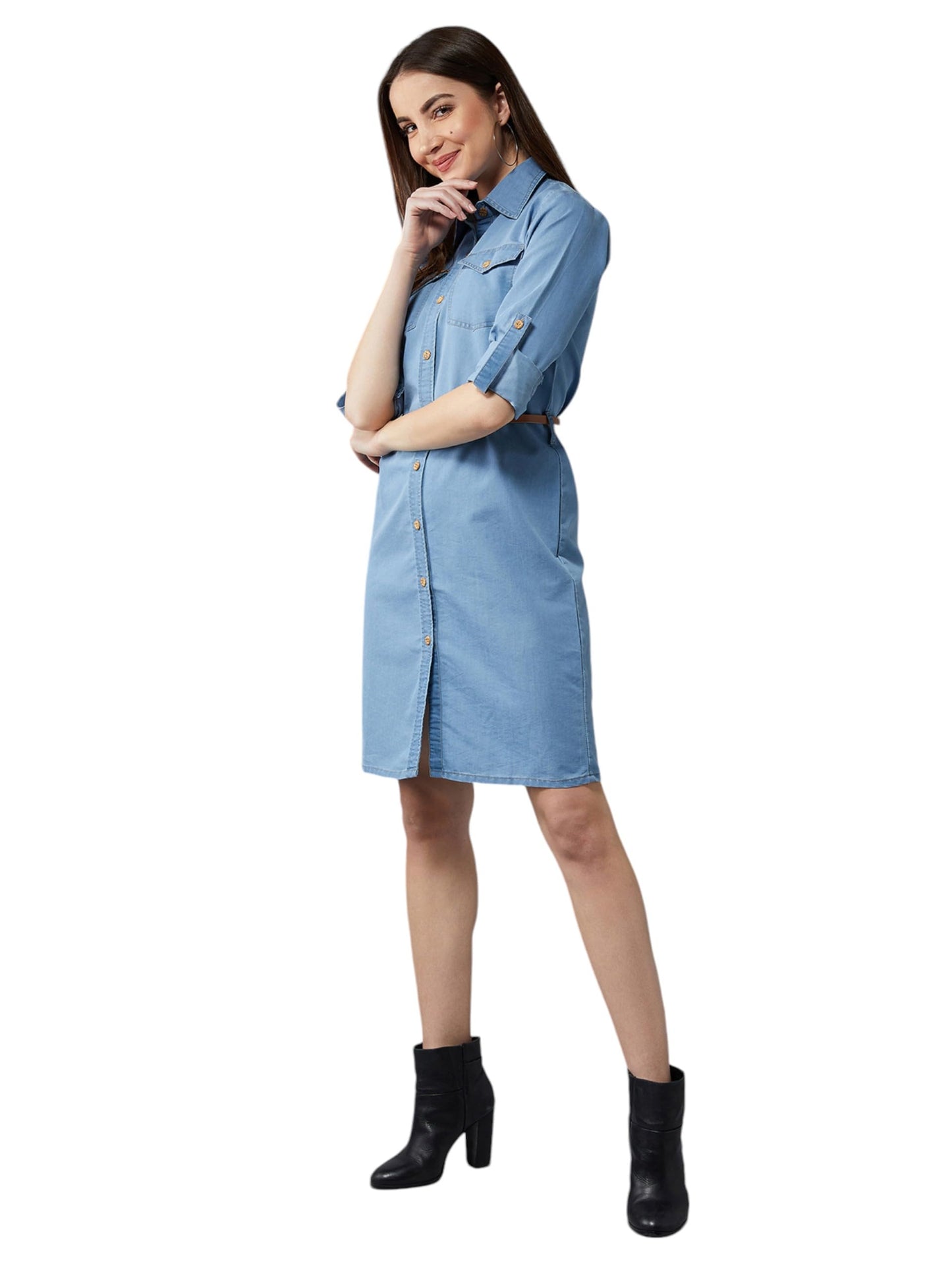 Dolce Crudo Womens Blue Polo Neck Denim Solid A-Line Mini Dress(DOAW18DEN04-22-115-03,Blue,Small)