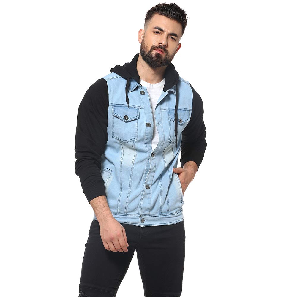 Campus Sutra Mens Cotton Blue & Black Colour-Blocked Denim Jacket with Hoodie | Structured Jacket with Comfort Fit, Regular Ful