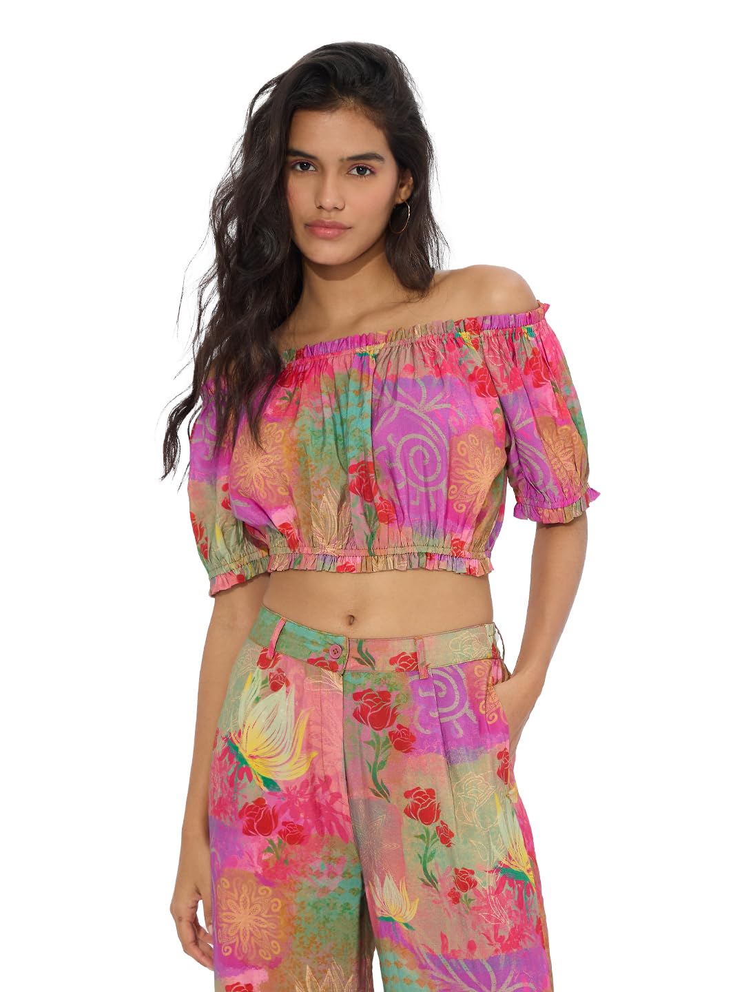 The Souled Store Faded Rose Women and Girls Off Shoulder Short Sleeves All Over Printed Viscose Blend Regular Fit Cropped Tops
