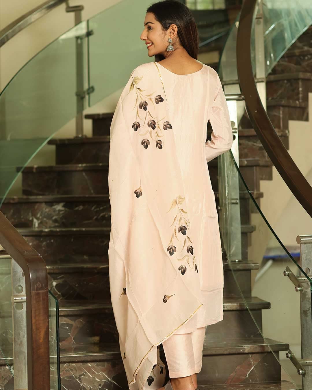 GoSriKi Women's Cotton Blend Straight Printed Kurta with Pant & Dupatta (BURSH-Peach-NW-GS)