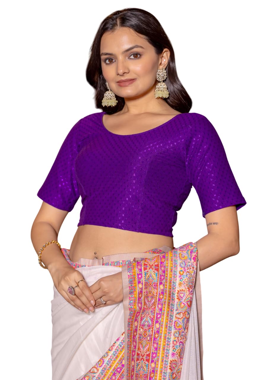 Jaanvi fashion Round Neck Dobby Cotton Lycra Stretchable Elbow Sleeve Readymade Saree Blouse for Women Stylish (cotton-dobbi-pru