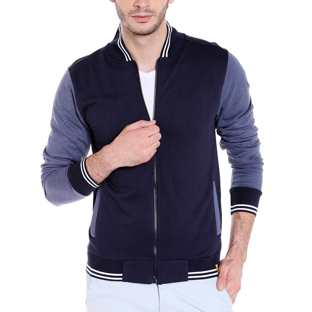 Campus Sutra Mens Black & Grey Solid Regular Fit Cotton Varsity Jacket for Winter Wear | Low-Cut Standing Collar | Full Sleeve