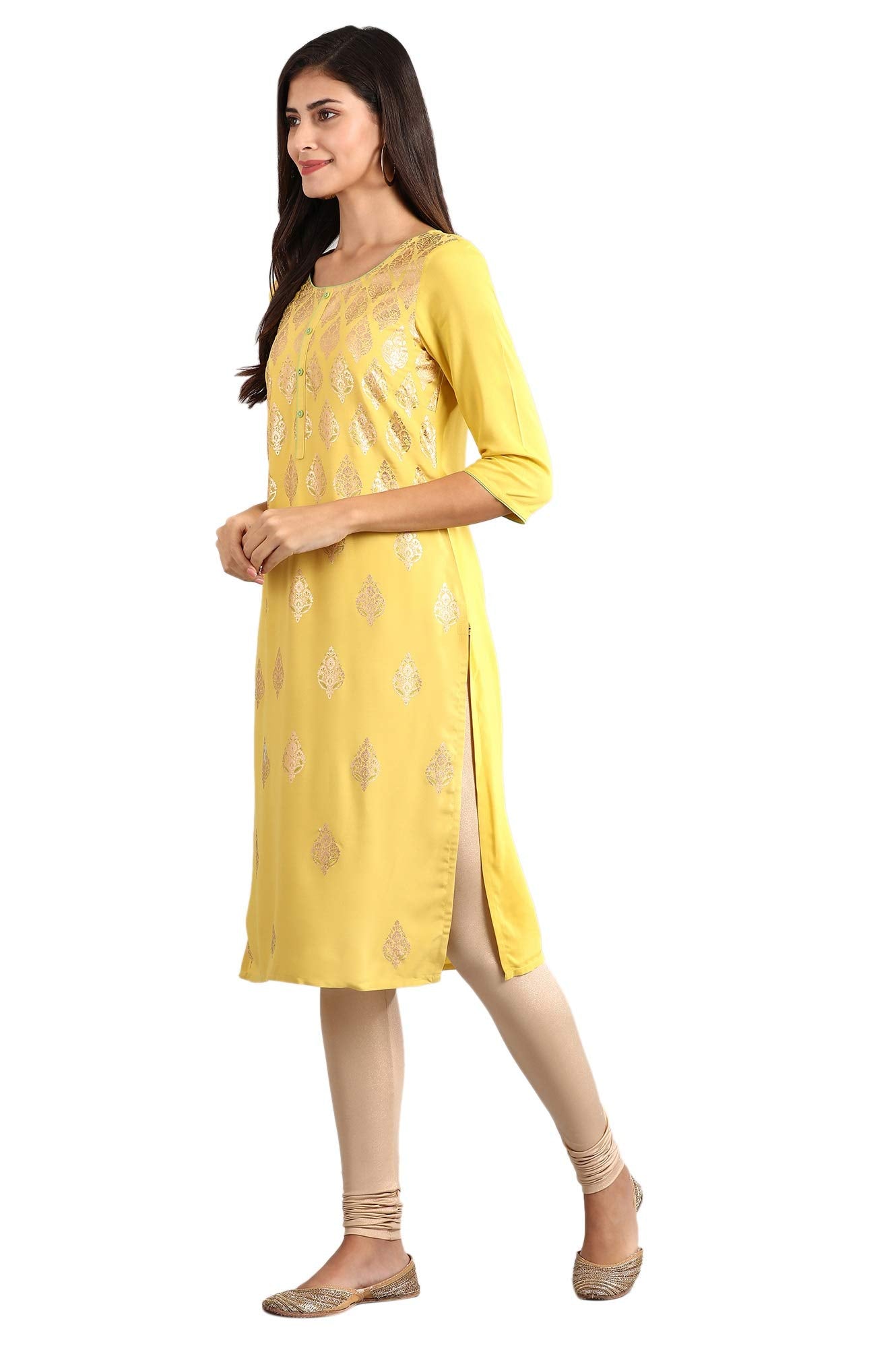 Aurelia Women's Rayon Yellow Round Neck Printed Liva Kurta Knee Length