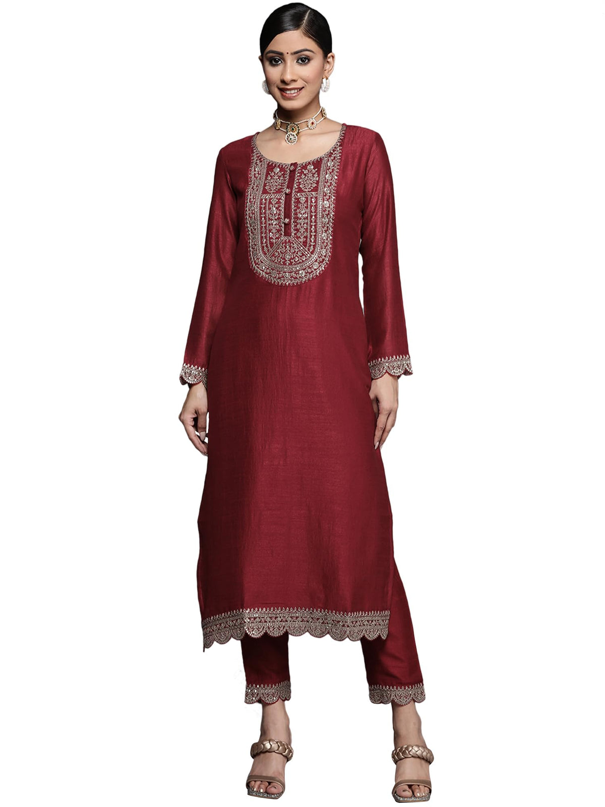 Libas WomenS Silk Embellished Straight Kurta (23518O_Maroon