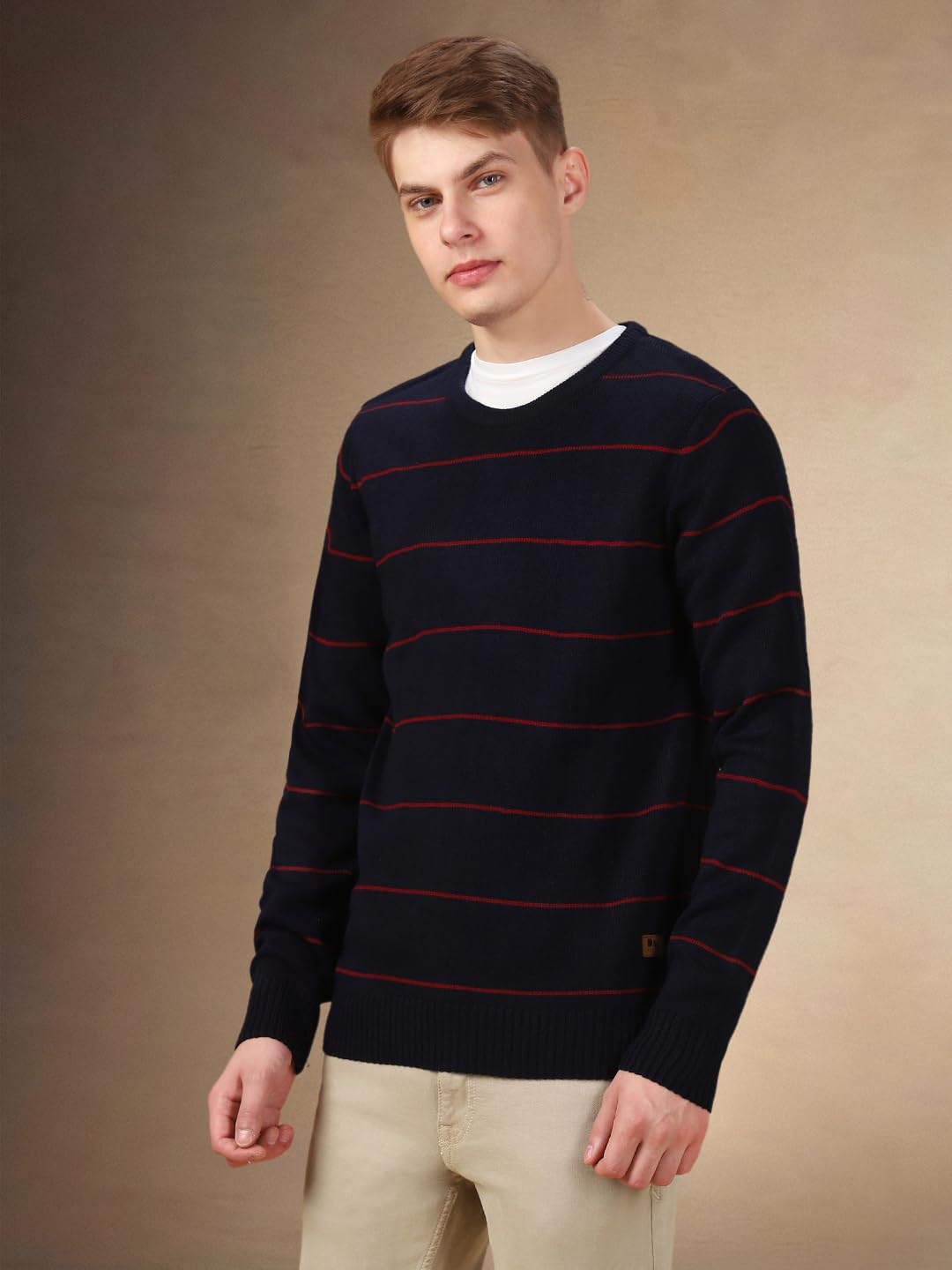 Dennis Lingo Men Stripes Acrylic Regular Fit Full Sleeves Pullover Sweater Navy Blue
