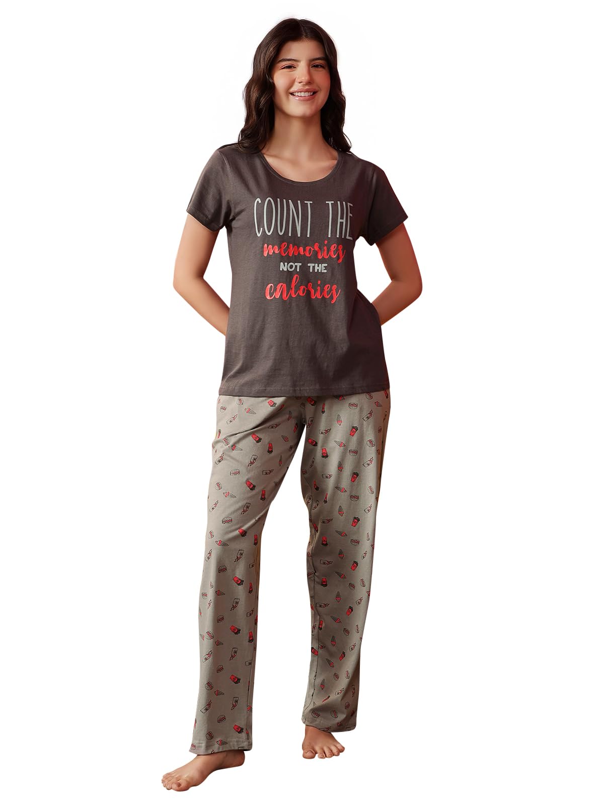 Clovia Womens Cotton Graphic Pajama Set Pack of 2 (LS0413D05L_Grey_L)