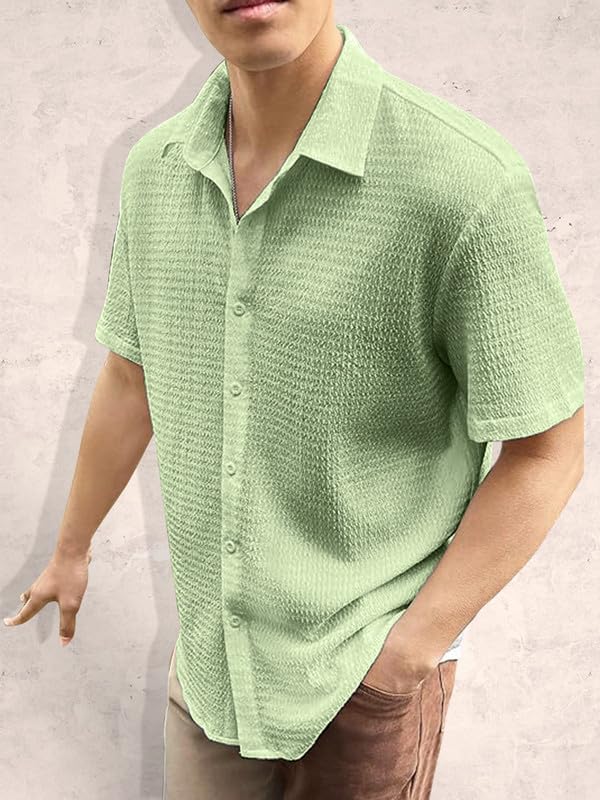 Tee Projekt Mens Popcorn Shirt Texture Pattern Mens Casual Shirt Half Sleeves Goa Beach Summer Shirt Mint Green