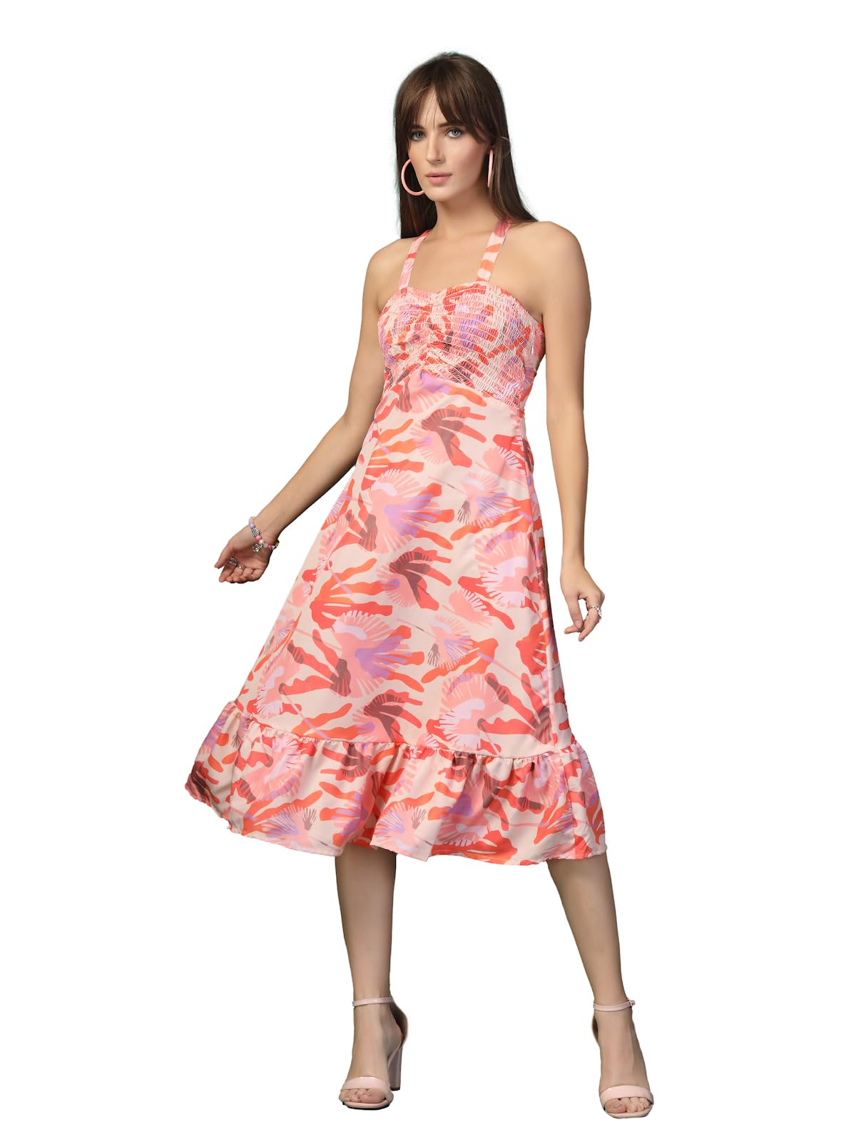 Oomph! WomenS Western & Fusion Wear Printed Crepe Dress For Women, Smocked Bodice, Orange - Md1056