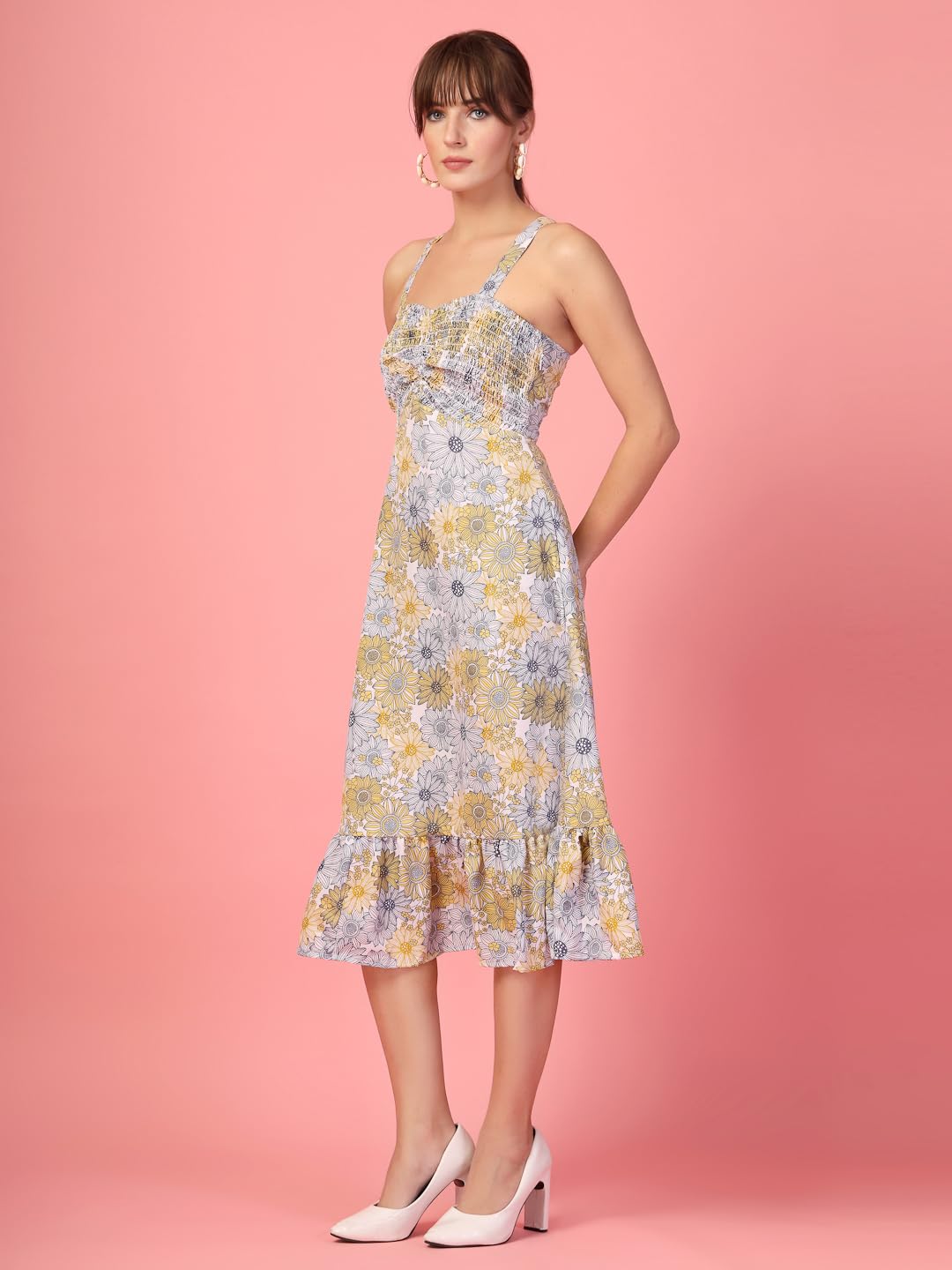 Oomph! WomenS Western & Fusion Wear Printed Crepe Dress For Women, Smocked Bodice, Yellow - Md1060