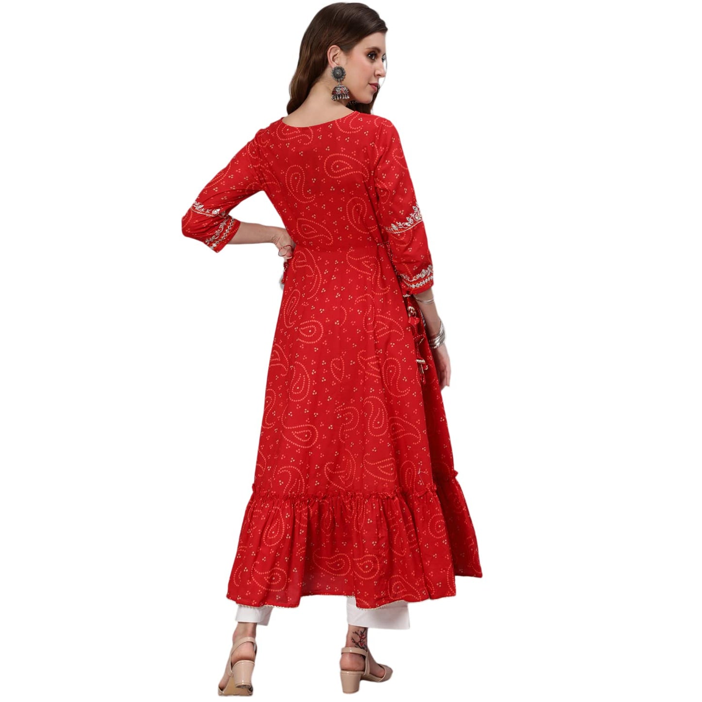 ishin Women's Cotton Red Yoke Design Embroidered Anarkali Tiered Kurta