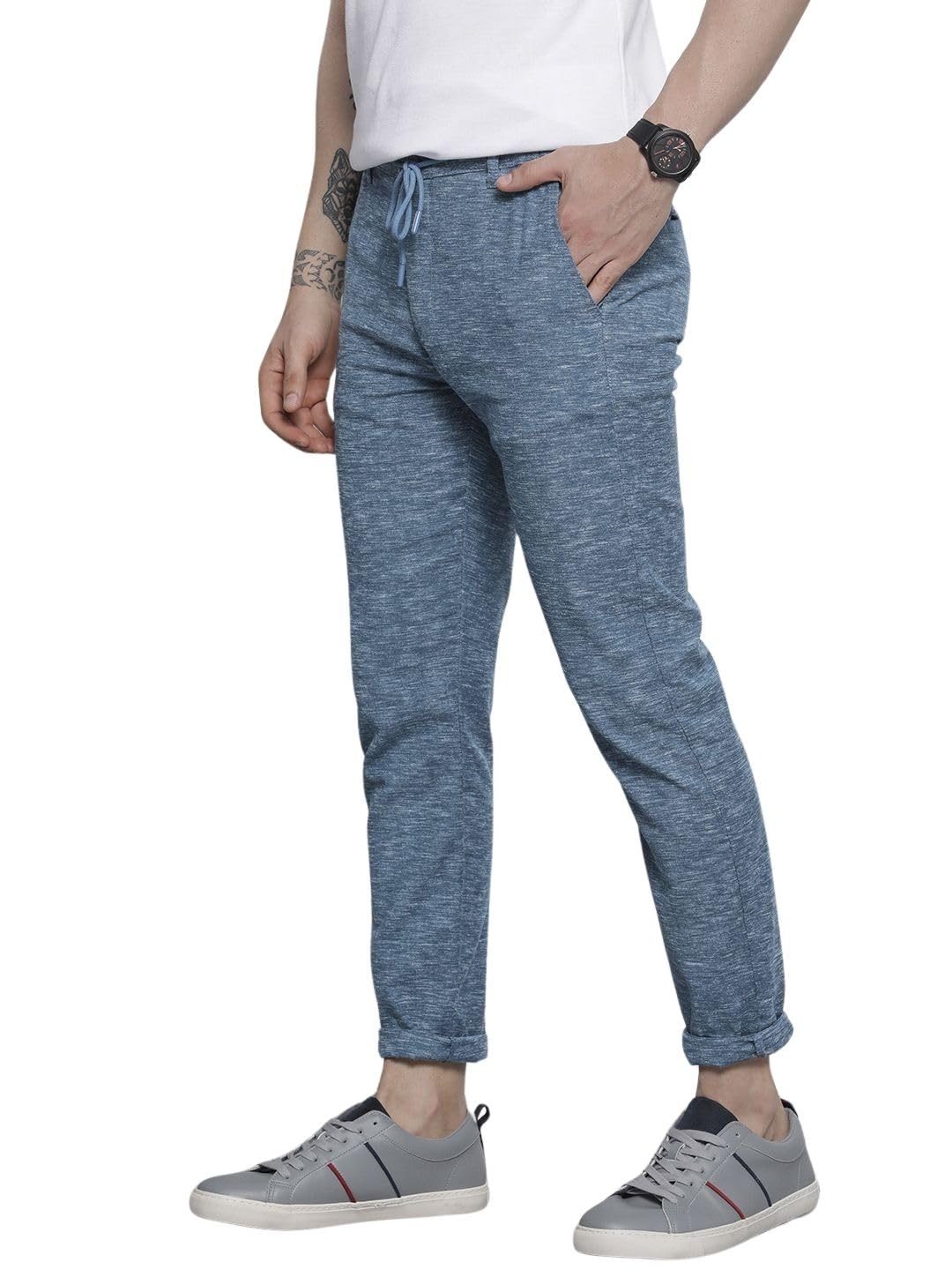 The Indian Garage Co Men Slim Fit Solid Mid-Rise Jogger Trousers Navy