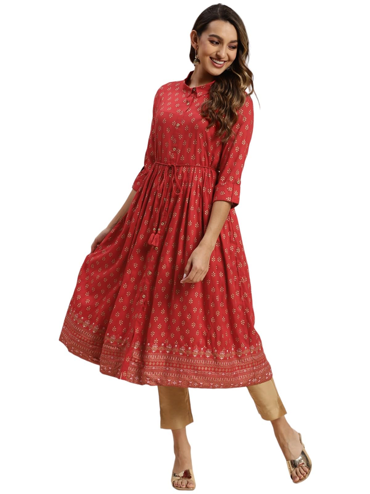 rangita Red Rayon Calf Length Printed Flared Kurti for Women | Kurta for Women