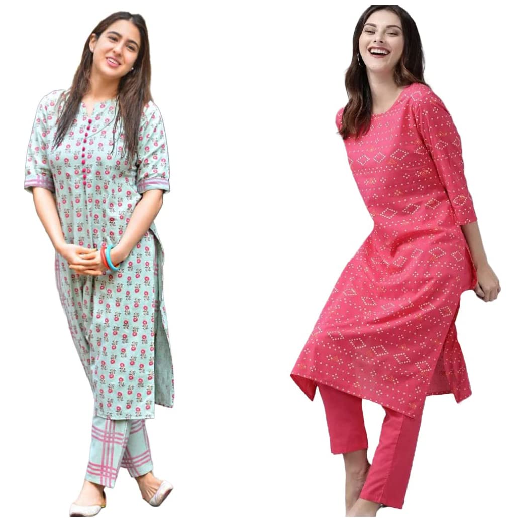 GoSriKi Womens Cotton Blend Printed Straight Kurta with Pant Pack of 2 (Combo-Disini-Excel Pink-GS)