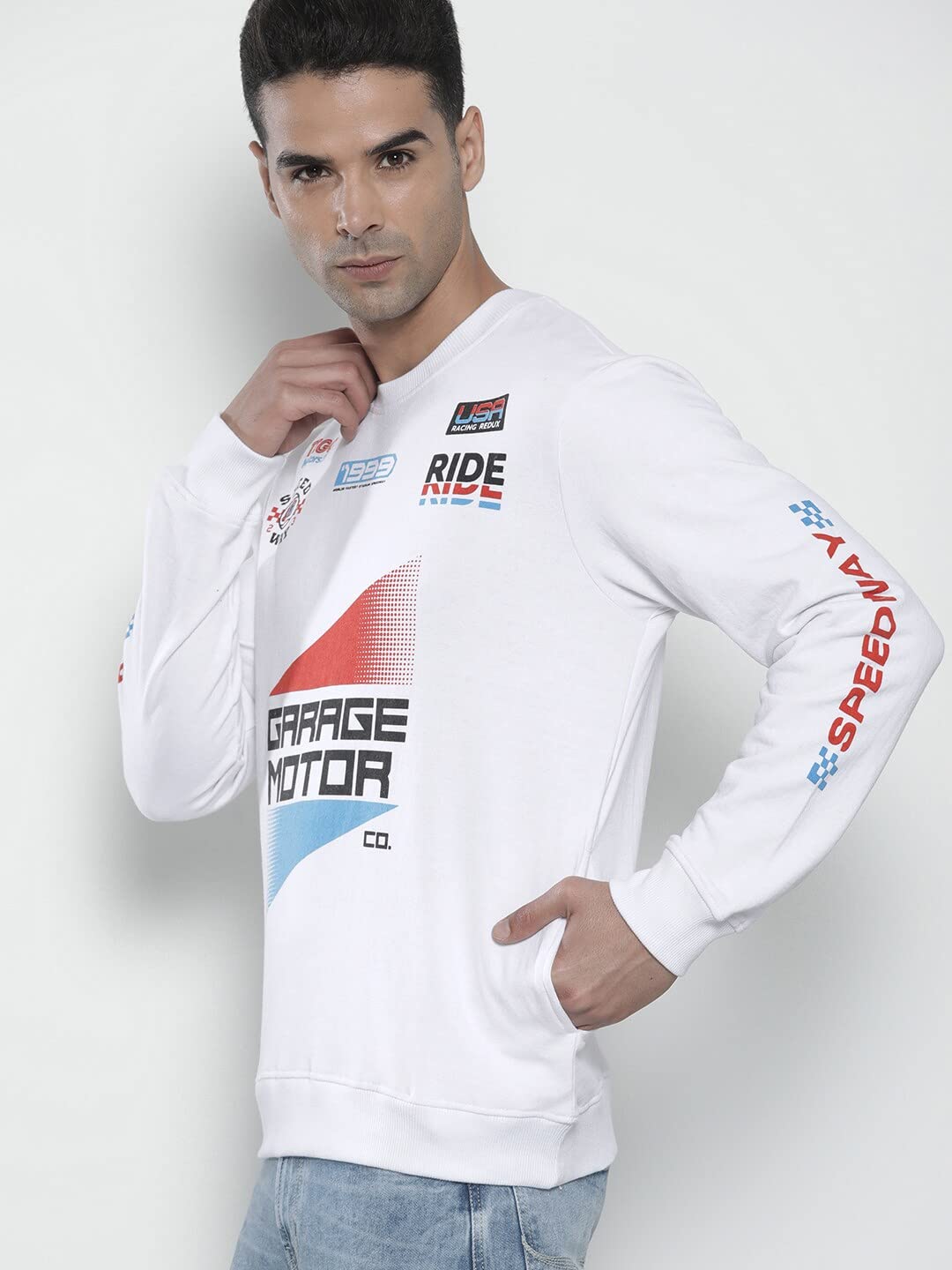 The Indian Garage Co White Regular Fit Placement Print Long Sleeve Pull On Sweatshirt