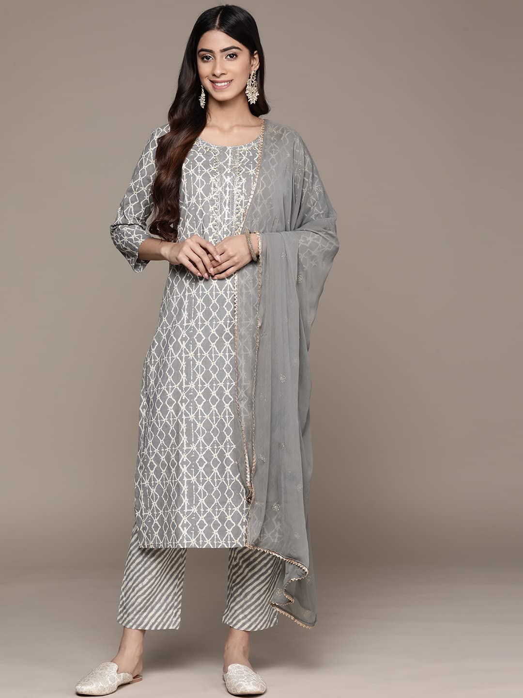 anubhutee Women's Cotton Grey Abstract Printed Straight Kurta Suit Set With Pants And Dupatta