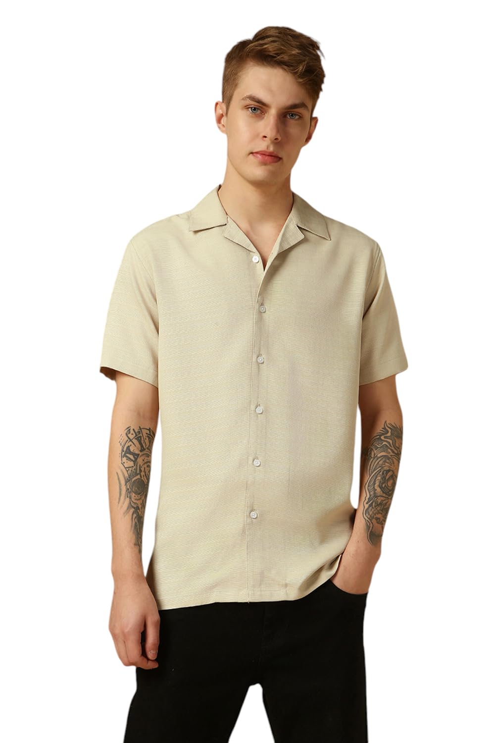 Dennis Lingo MenS Beige Half Sleeve Cuban Collar Solid Textured Relaxed Fit Casual Shirt