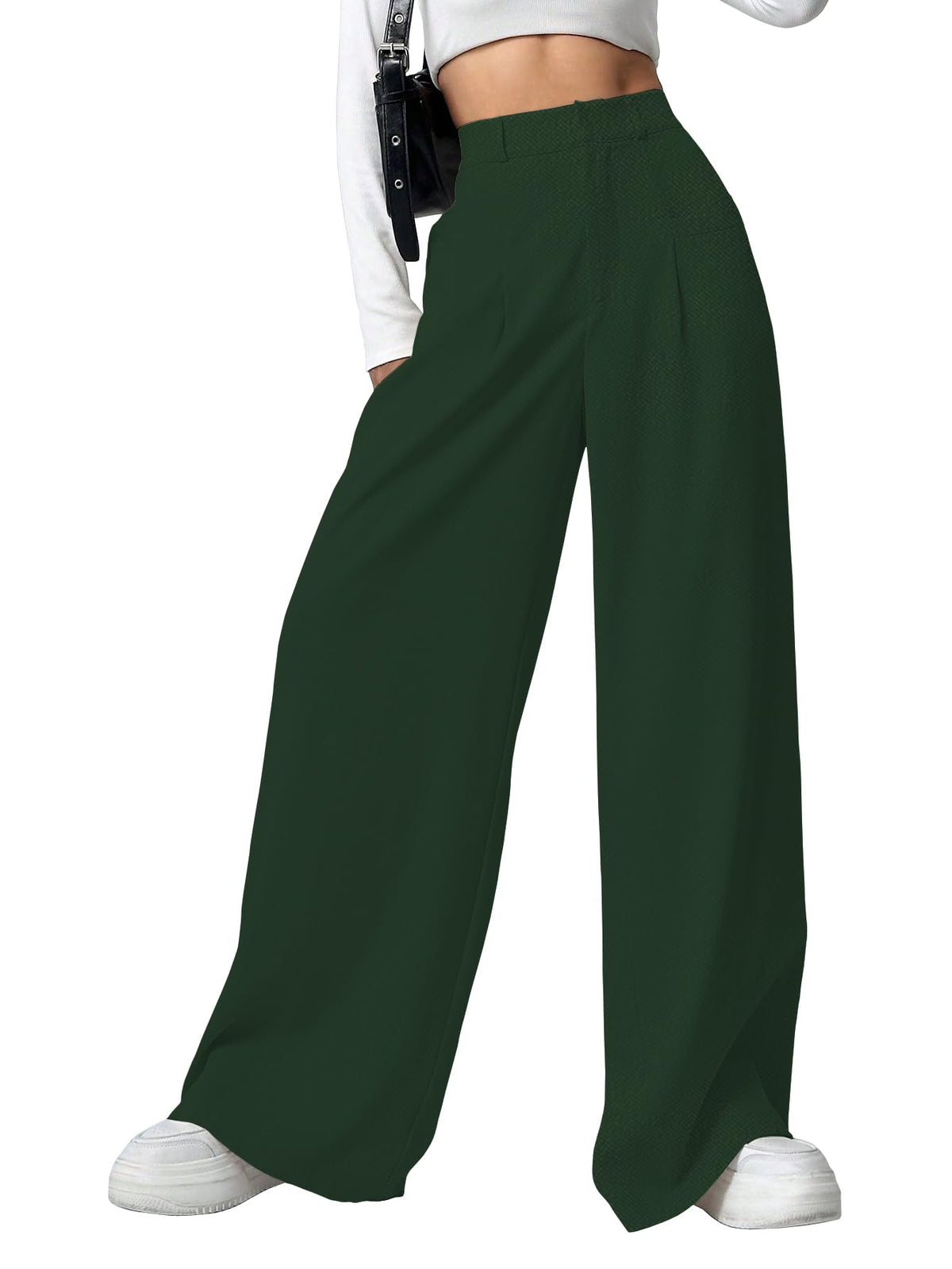 Shasmi Women & Girls Solid Green Color Loose Fit, Pleated Trousers, Wide Leg Pocket Casual Long Korean Trousers Pant (Pant 146 G