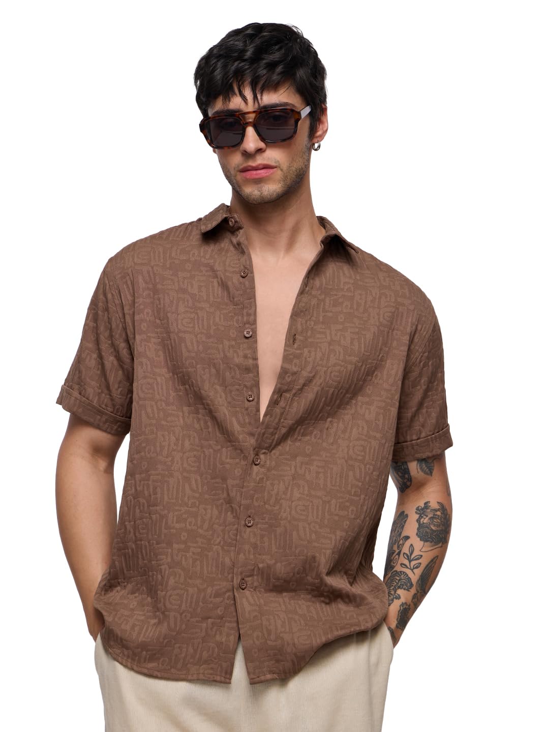 The Souled Store Cambridge Men and Boys Half Sleeve Collared Neck Button Front Regular Fit Textured Holiday Shirts