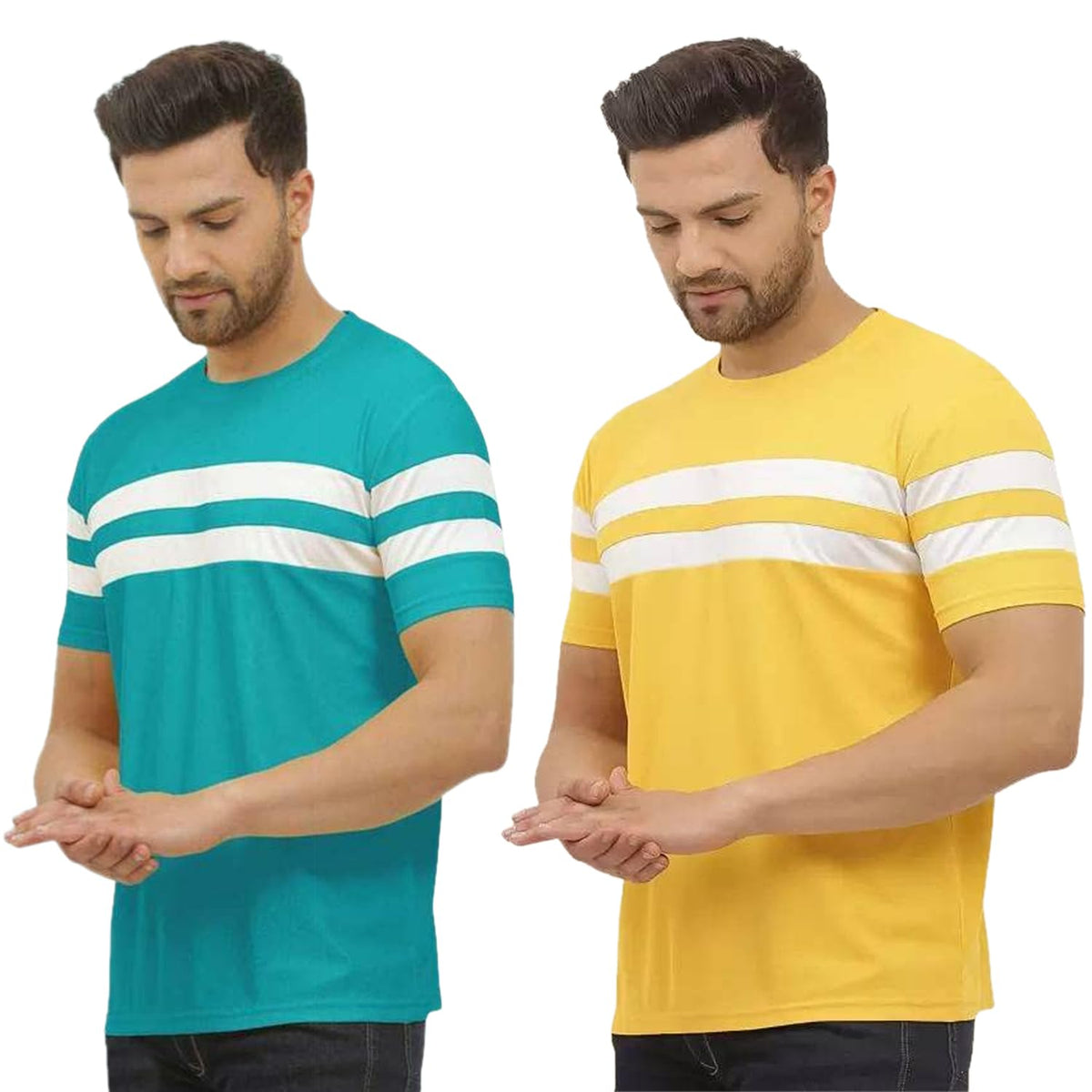 Lookmark MenS Combo Cotton Blend Sky Blue & Yellow Color Printed Striped Polo Tshirt(Mt04-Mt07)
