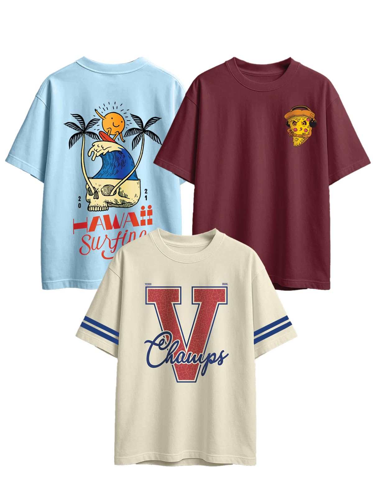Veirdo 100% Cotton Oversized Baggy Fit Round Neck Graphic Printed Short Sleeve T-Shirt Combo