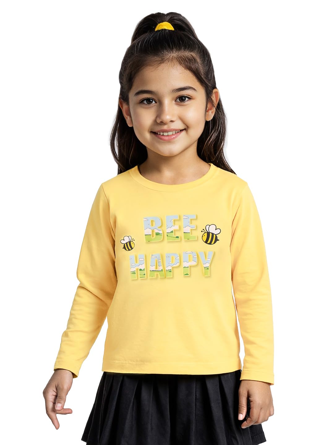 The Souled Store Full-Sleeve Essentials : Bee Happy Full Sleeves Round Neck Graphic Printed Regular Fit Cotton T-Shirts for Girl