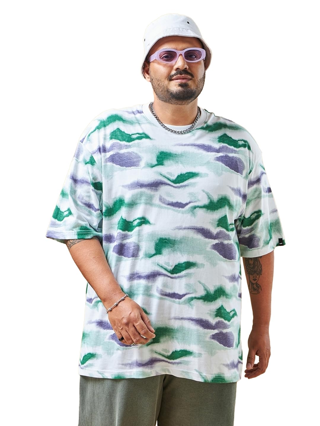 Bewakoof Mens All Over Printed Oversized Fit Half Sleeve Round Neck Cotton Plus Size T-Shirt_628849_White_5XL