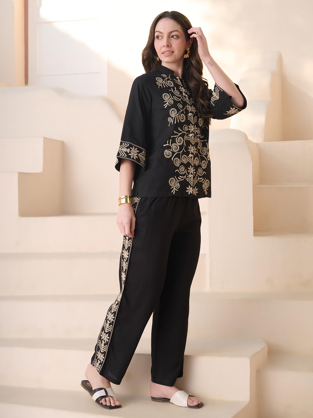 Stylum Womens Solid & Embroidered Rayon Kurti Pant Set