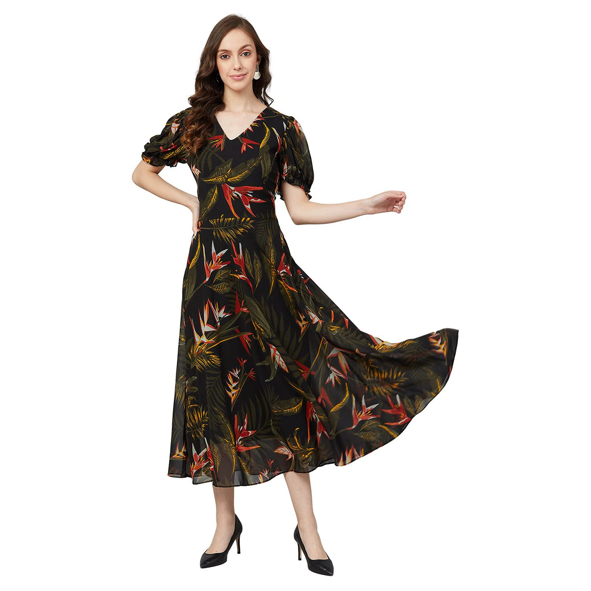 Rare WomenS Georgette Fit And Flare Midi Casual Dress (Ep6504_Black_X-Large)