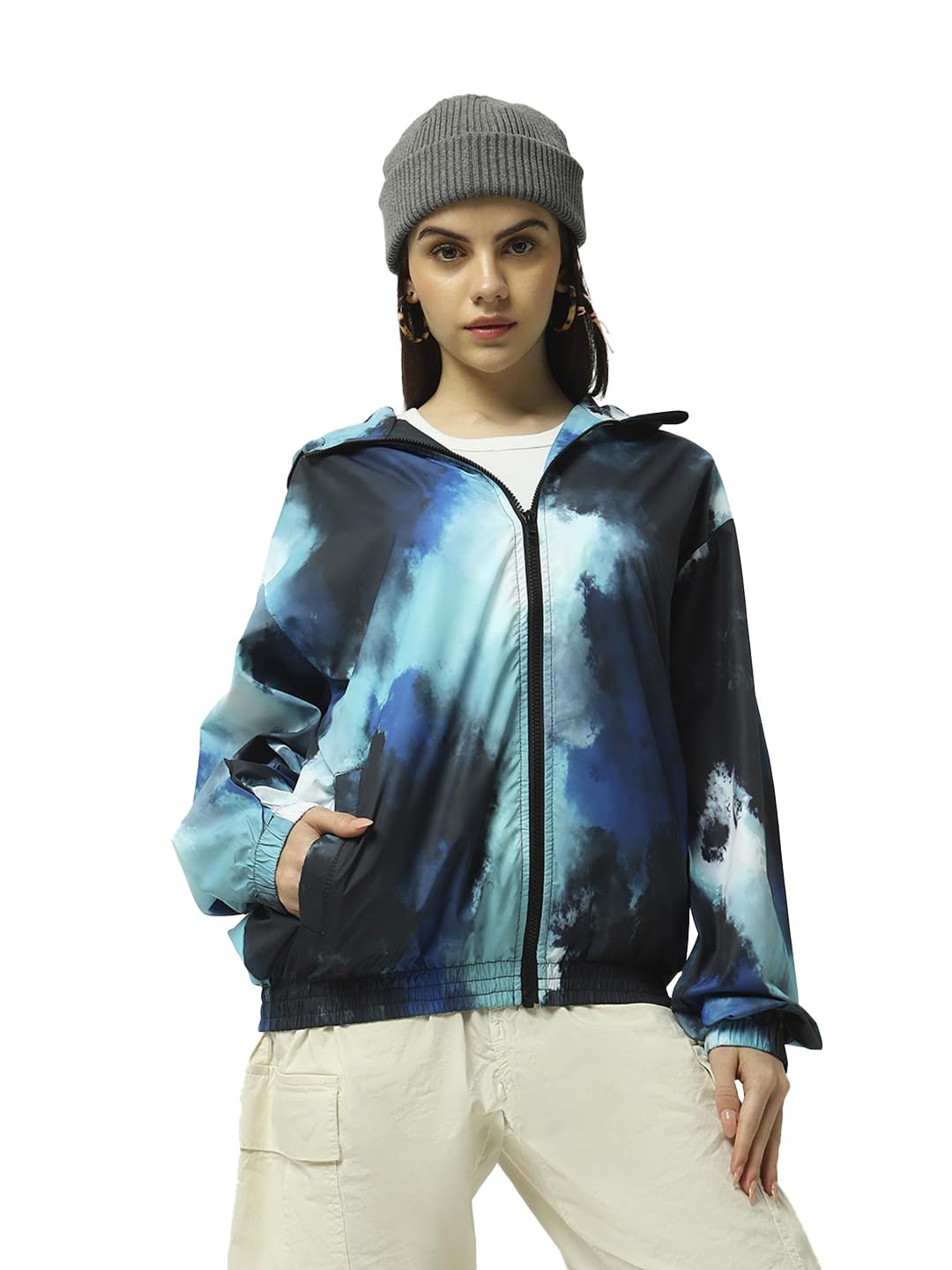 Bewakoof Air 1.0 Womens Tie & Dye Oversized Fit Full Sleeve Hooded Neck Nylon Windcheater Jacket_ 596244 Blue XL