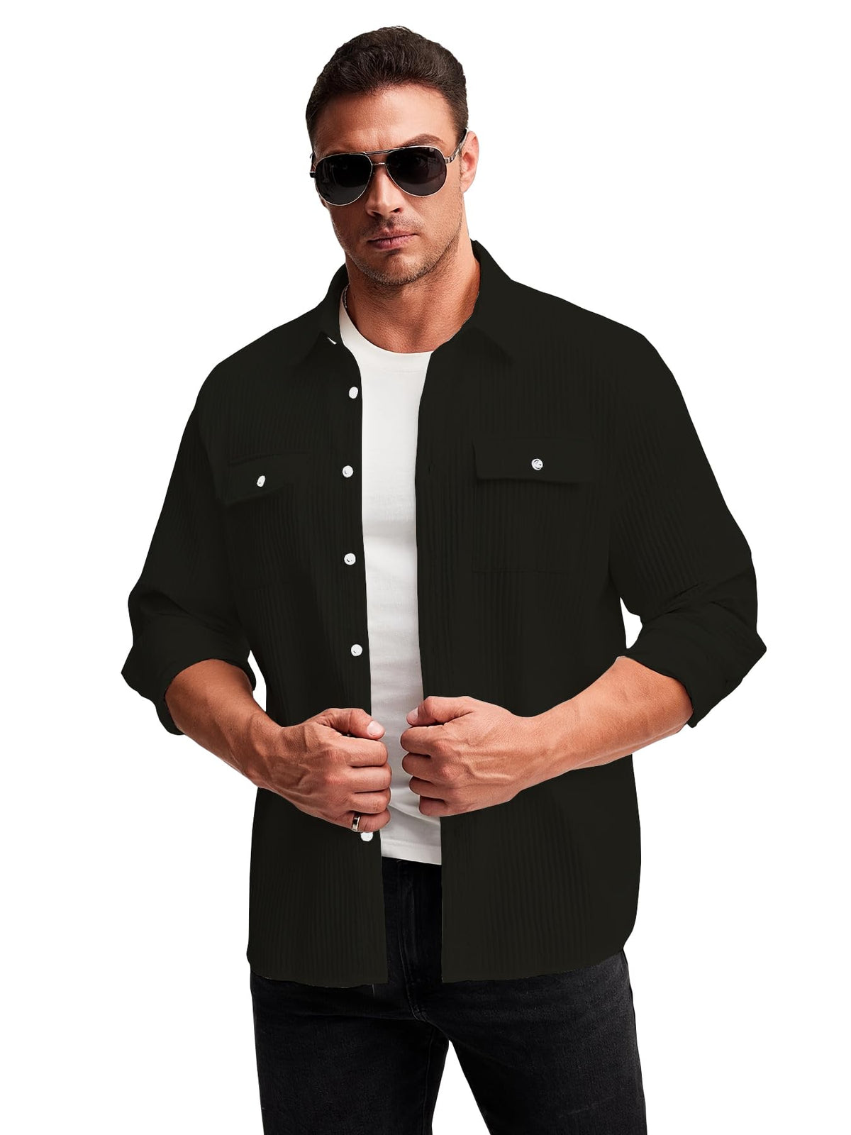 Shasmi Solid Regular Fit Double Pocket Polyester Shirt Casual Plain Full Sleeve (Mens Stylish Ribbed 154_Black