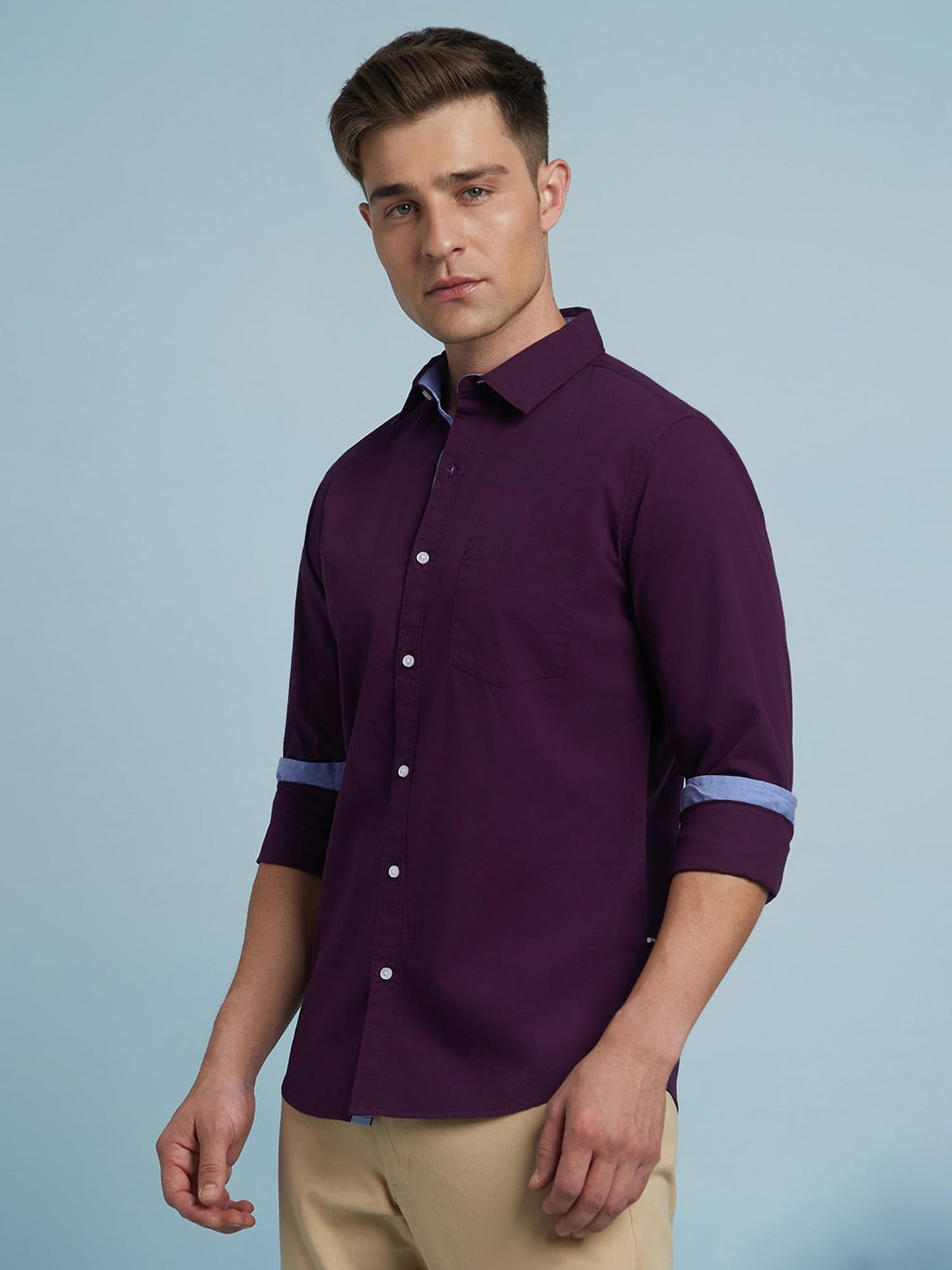 Dennis Lingo Men Solid Spread Collar Full Sleeves Regular Fit Casual Shirt Dark Purple